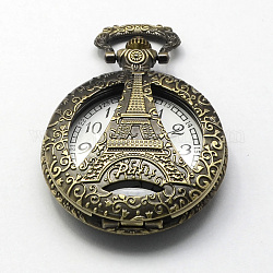 Vintage alliage de zinc cadrans creux de montres à quartz pour création de montre de poche collier pendentif , plat rond et tour eiffel, bronze antique, 59x46x15mm, Trou: 15x5mm