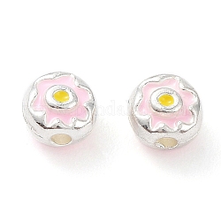 Perles d'émail en alliage, sans plomb et sans cadmium, plat et circulaire avec fleur, couleur d'argent, 4.5x3.5mm, Trou: 1.2mm