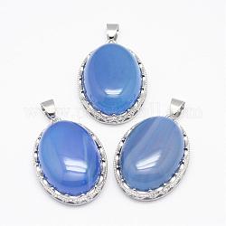 Natural Blue Agate Pendants, with Brass Findings, Oval, Dyed, Platinum, 30x21x10~11mm, Hole: 6x4mm