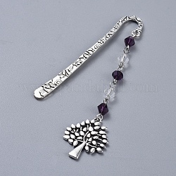 Alloy Bookmarks, with Glass Beads, Tree, Antique Silver, Purple, 101.5mm