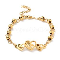 Placcatura sottovuoto 304 braccialetto a maglie di cuore in acciaio inossidabile con catene di perline da donna, oro, 7-3/8 pollice (18.8 cm)