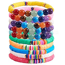 Round Natural & Synthetic Stone Beads Stretch Bracelets Set, 7 Chakra Bracelets for Teen Girl Women, Polymer Clay Heishi Beads Surfer Bracelets, Mixed Color, Inner Diameter: 2 inch(5~5.2cm), 10pcs/set