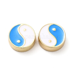 Cuentas de esmalte de aleación de chapado en rack, plano y redondo con patrón de yin yang, dorado, cielo azul profundo, 11x4mm, agujero: 1.6 mm