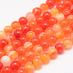 Chapelets de perles en agate rayée naturelle/agate à bandes, ronde, Grade a, teints et chauffée, orange foncé, 6mm, Trou: 1mm, Environ 62~63 pcs/chapelet, 14.5 pouce