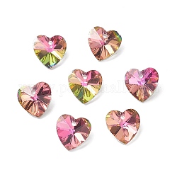 Charms de cristal facetado, corazón, espalda plateada, color de rosa caliente, 14x14x7.5mm, agujero: 1.4 mm