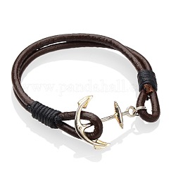Bracelets en alliage, cordon en cuir de vachette avec cordon en coton ciré, ancre et gouvernail, couleur argentée, 190mm
