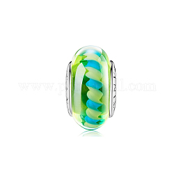TINYSAND Rondelle 925 Sterling Silver Layered Ripple Lampwork European Beads, Large Hole Beads, Green, 15.02x8.85mm, Hole: 4.41mm