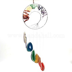 Grandes décorations de pendentif en métal, avec des tranches d'agate et des perles de pierres précieuses sur le thème des chakras, plat et circulaire avec arbre de vie, platine, 80 cm