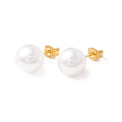 6 paio di orecchini a bottone rotondi con perle di conchiglia, 304 post orecchini in acciaio inossidabile per le donne, bianco, oro, 22x10mm, ago :1mm