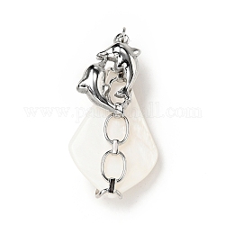 Natural White Shell Pendants, Teardrop Charm, with Stainless Steel Color Plated 304 Stainless Steel  Dolphin Findings and Jump Ring, 35~40x18~20x8~10mm, Jump Ring: 4x0.7mm, Inner Diameter: 2.5mm