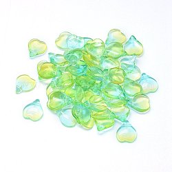Charms in vetro trasparente, petalo a forma di cuore, Two Tone, prato verde, 15x12x4.5mm, Foro: 1 mm