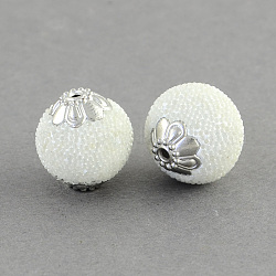 Perline tondo indonesia fatto a mano, con anime in lega di metallo color argento placcato, bianco, 13~15x13~14mm, Foro: 1.5 mm