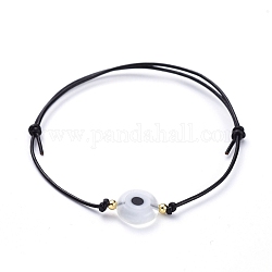 Bracelets de cordon en cuir de vache réglable, avec des perles en laiton et des perles au chalumeau faites main, blanc, diamètre intérieur: 2-1/4 pouce ~ 3-7/8 pouces (5.8~10 cm)