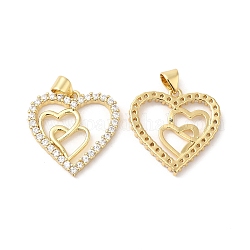 Brass Micro Pave Clear Cubic Zirconia Pendants, Heart Charms, Real 16K Gold Plated, 22x22x3mm, Hole: 4x3.5mm