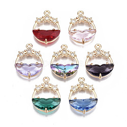 Faceted Transparent Glass Pendants, with Brass Crystal Rhinestone Findings, Flat Round with Star, Light Gold, Mixed Color, 21x15x5mm, Hole: 1.4mm