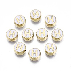 Abalorios de aleación de esmalte, sin plomo y cadmio, la luz de oro, plano y redondo con alfabeto, blanco, letter.h, 8x4mm, agujero: 1.5 mm