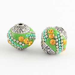 Handmade Indonesia Beads, with Light Topaz Rhinestones and Alloy Cores, Round, Antique Silver, Light Green, 14~16x14~16mm, Hole: 1.5mm