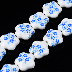 Hebras de cuentas de cerámica de porcelana hecha a mano, flor impresa, flor, azul dodger, 14x15x6mm, agujero: 1.8 mm, aproximamente 23 pcs / cadena, 12.4 pulgada (31.5 cm)