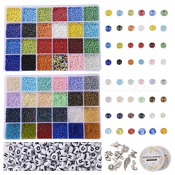 Kits de bijoux colorés bricolage pour la journée des enfants, y compris les perles de rocaille en verre 48 couleurs, 250pcs alphabet perles acryliques, 2 rouleau de fil de cristal élastique et 10 pendentifs en alliage, couleur mixte, boîte: 19x13x2.2cm