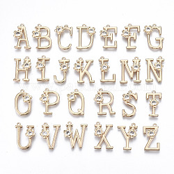 Rhinestones de latón colgantes, alfabeto, dorado, letras mezcladas al azar, 17~18x9~14.5x2.5mm, agujero: 1 mm