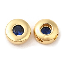 Perles de zircone cubique micro pave en Laiton, plat rond, véritable 18k plaqué or, bleu marine, 8x4mm, Trou: 1.5mm