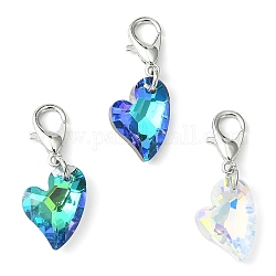 Heart Glass Pendant Decoration, with Zinc Alloy Lobster Claw Clasps, Mixed Color, 31.5mm
