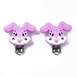 Food Grade Eco-Friendly Silicone Baby Pacifier Holder Clips, with 304 Stainless Steel Clips, Rabbit, Orchid, 56x55x21mm, Hole: 4mm