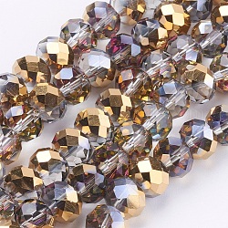 Fili di perline rondelle sfaccettate di vetro elettroplate, metà d'oro placcato, oro, 10x8mm, Foro: 1 mm, circa 63~65pcs/filo, 19.2~20 pollice (48~50 cm)
