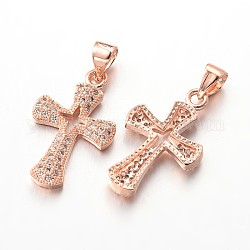 Pendentifs croix en laiton avec zircone cubique de micro pave, sans plomb et sans nickel, or rose, 22x13x2mm, Trou: 3x4mm