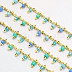 Messing Glas handgefertigte Perlenketten, gelötet, nickelfrei und cadmiumfrei und bleifrei, golden, königsblau, 5.5x2 mm