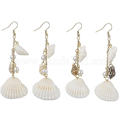 Pendientes colgantes de concha natural estilo bohemio con perlas de vidrio, 304 aretes largos de acero inoxidable, whitesmoke, 80~82x27~30mm