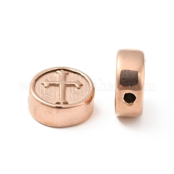 Revestimiento iónico (ip) 304 perlas de acero inoxidable, plano y redondo con la cruz, oro rosa, 10.5x4.5mm, agujero: 1.6 mm
