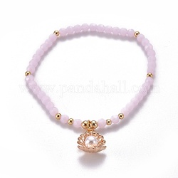 Bracciali di perline di vetro sfaccettato tratto, charm bracciali, con perline in ottone, perle di plastica imitazione perla e ciondoli in lega, forma a conchiglia, rosa nebbiosa, diametro interno: 2-1/4 pollice (5.7 cm)