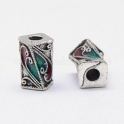 Twist Antique Silver Tone Brass Enamel Beads, Nickel Free, Teal and Dark Red, 9x5x5mm, Hole: 2mm