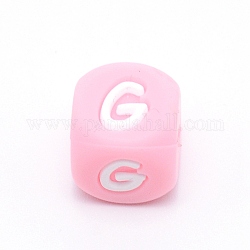 Cuentas del alfabeto de silicona para hacer pulseras o collares, estilo de letra, cubo rosa, letter.g, 12x12x12mm, agujero: 3 mm