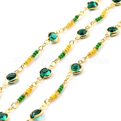 Handmade Brass Flat Round Link Chains, with Glass Beads, Soldered, with Spool, Long-Lasting Plated, Golden, Green, 19x2.5x2mm, 13x7x3mm