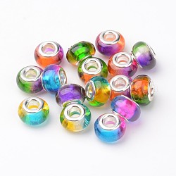 Harz europäischen Perlen, großes Loch Rondell Perlen, mit Messing-Kerne, silberfarben plattiert, Mischfarbe, 14x9 mm, Bohrung: 5 mm