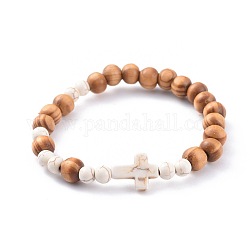 Bracelets élastiques, avec des perles de bois et des perles synthétiques de turquoise (teintées), croix, blanc, 2-1/8 pouce (5.5 cm)
