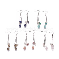 Natural Mixed Gemstone Dangle Earrings, with Stainless Steel Jump Rings and Brass Earring Hooks, 72~73mm