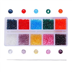 10 brins 10 brins de perles de verre de couleur, imitation quartz, ronde à facettes, avec des aiguilles à perler à gros yeux en fer 1pc, couleur mixte, perles de verre: 2 mm, Trou: 0.5mm, 1 brin / couleur, aiguilles à perler ron big eye: 88x0.3mm