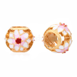 Perline europeo smalto in lega, perline con foro grande, stile matte,  cadmio& piombo libero, rondelle con fiore, perla rosa, 10.5x8.5mm, Foro: 4 mm