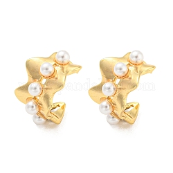 Rack Plating Brass Wave Cuff Earrings with Plastic Pearl, Long-Lasting Plated, Lead Free & Cadmium Free, Real 18K Gold Plated, 12.5x17x11mm