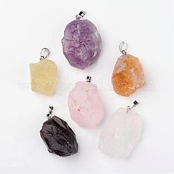Natural Mixed Quartz Pendants, Nuggets, with Brass Findings, Platinum, 26~42x20~26x14~22mm, Hole: 5x8mm