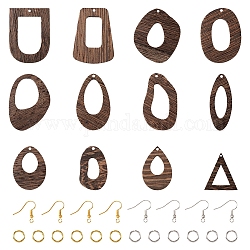Pandahall bricolage kit de fabrication de boucles d'oreilles géométriques, y compris pendentifs en forme de larme et irrégulier et arc et oeil de cheval en bois de wengé naturel, Crochets d'oreille en laiton, brun coco, 144 pcs / boîte