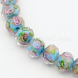 Handmade Gold Sand Lampwork Rondelle Beads Strands, Faceted, Light Sky Blue, 10x7mm, Hole: 2mm, about 50pcs/strand, 13.77 inch