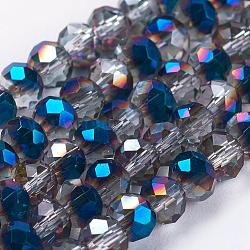 Perlas de rondelle facetado de vidrio electrochapa hebras, medio chapado, azul, 3x2mm, agujero: 1 mm, aproximamente 165~169 pcs / cadena, 15~16 pulgada (38~40 cm)
