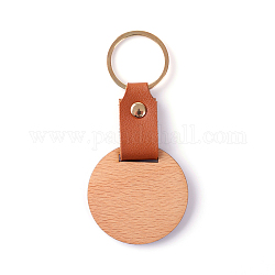 Wooden & Imitation Leather Pendant Keychain, with Iron Rings, Round, 11cm