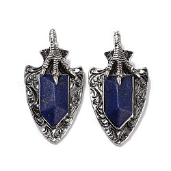 Gros pendentifs à facettes en lapis-lazuli naturel, griffe de dragon avec breloques flèche, avec accessoires en alliage plaqués argent antique, 55x27.5x10.5mm, Trou: 6mm