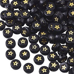 Abalorios acrílicos opacos, plano y redondo con estrella, negro, oro chapado, 7x4mm, agujero: 1.5 mm, aproximamente 1800 unidades / 250 g