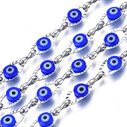 304 Edelstahl strukturierte ovale Kabelketten, mit emaillierten Perlen für den bösen Blick, mit Spule, ungeschweißte, Edelstahl Farbe, Blau, 11x5.5x3 mm, 7.5x3x1 mm, ca. 32.81 Fuß (10m)/Rolle
